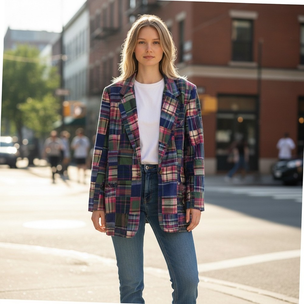 Bushwacker USA Blazer Womens L Multicolor Patchwork Madras Plaid Vintage Preppy